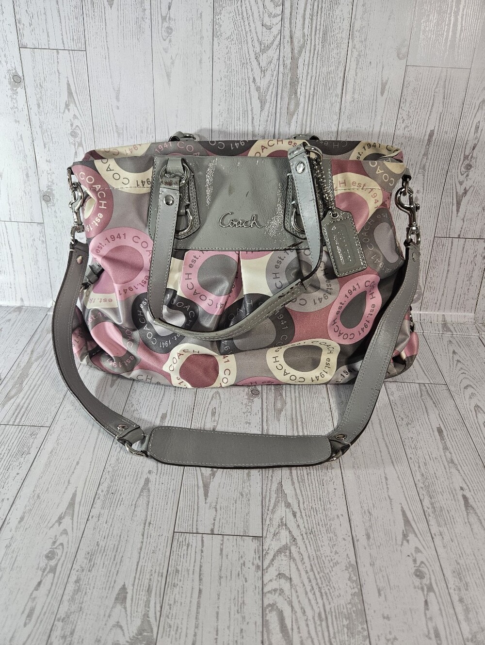 Coach Ashley Snap Satchel Handbag C1173 F5504 Large Tote Pink Gray Logo Satin